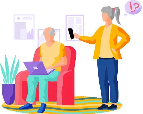 Old people use computer, have difficulty with technology. Elderly person works Stock Illustration
