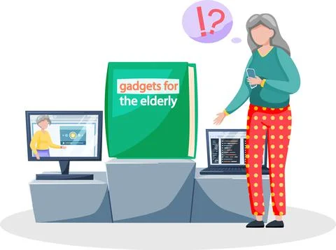 Old people use computer, have difficulty with technology. Elderly person works Stock Illustration