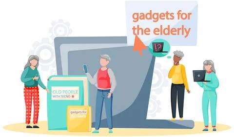 Old people use computer, have difficulty with technology. Elderly person works Illustrazione stock