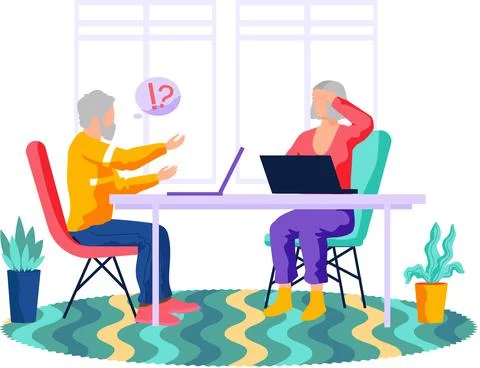 Old people use computer, have difficulty with technology. Elderly person works Stock Illustration