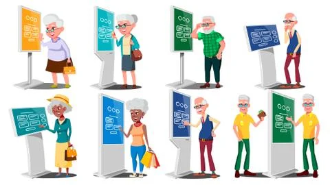 Old People Using ATM, Digital Terminal Vector. Man, Woman. Set. LCD Digital イラスト素材