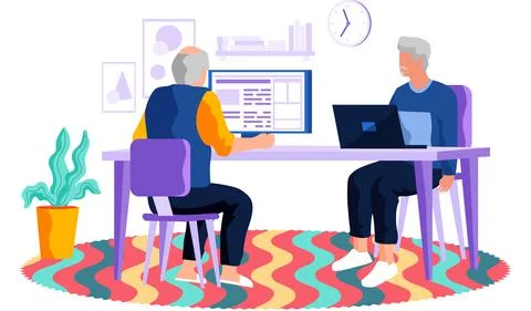 Old people using computer and technology. Elderly person works or studies at Stock Illustration