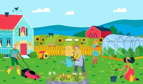 Old people with young generation work vegetable kitchen garden grow plants Stock Illustration