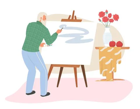 Old person vector aged man painting on canvas Stock Illustration
