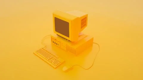 Old personal computer with Keyboard and Mouse isolated on a yellow background Illustrazione stock