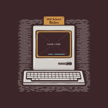 Old Personal Computer. Retro PC icon emblem with Old School Rules quote. Stock Stock Illustration