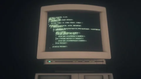 Old personal computer with source code running on screen, display Stock Footage 290436029