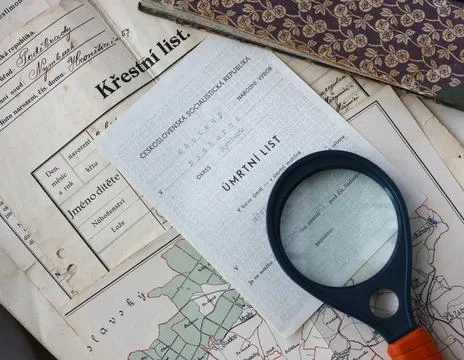 Old personal documents - birth and death certificate - written in Czech lan.. Stock Photos