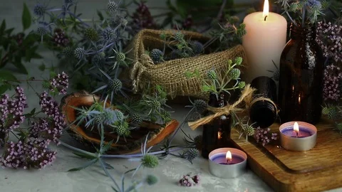 Old pharmacy, esoteric or alchemic concept with blue eryngo Stock Footage 112064093