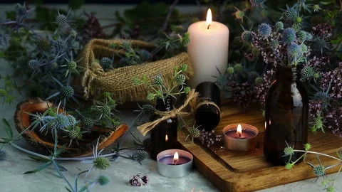 Old pharmacy, esoteric or alchemic concept with blue eryngo Stock Footage 112064270