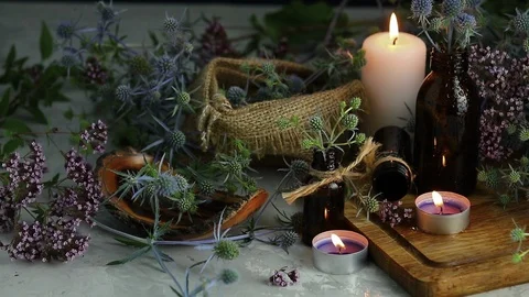 Old pharmacy, esoteric or alchemic concept with blue eryngo Stock Footage 112064325