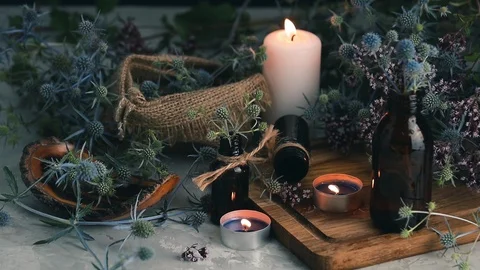 Old pharmacy, esoteric or alchemic concept with blue eryngo Stock Footage 112064488