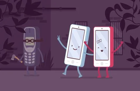 Old phone is attacking from the corner new smartphones Stock Illustration