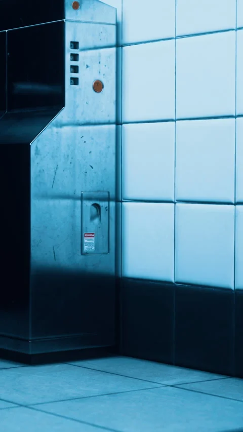 Old phone booth in a public area with tiled walls and floor during the night Stock Footage 337947970