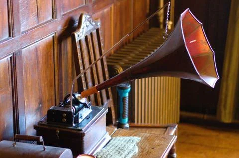 Old phonograph with horn on a table. Stock Photos