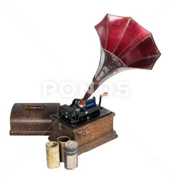 Old phonograph with three cylinder records Stock Photos