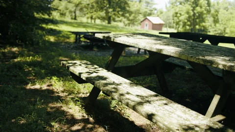 Old Picnic Table in the Shade Under Tree Stock Footage 136054351