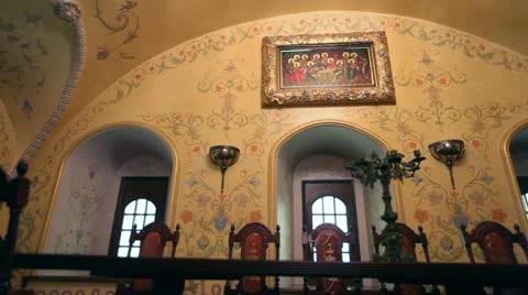 Old picture saints on the wall of the monastery Stock Footage