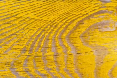 Old pine board with cracks, covered yellow paint collapsed partly Stock Photos
