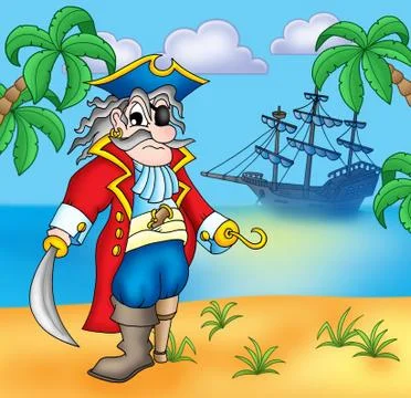 Old pirate on beach Stock Illustration