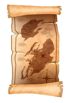 Old pirate map vector illustration, antique parchment paper scroll Stock Illustration
