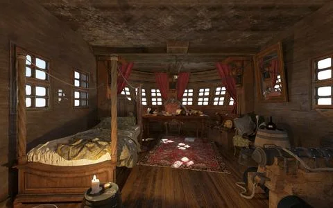 Old Pirate ship cabin interior 3d illustration Stock Illustration