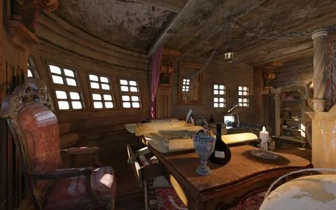 Old Pirate ship cabin interior 3d illustration Stock Illustration