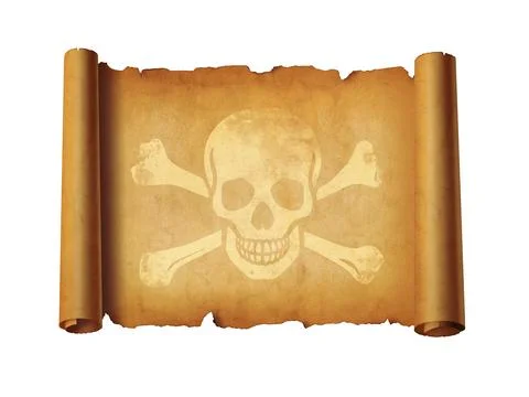Old Pirate skull parchment scroll isolated on white Stock Photos