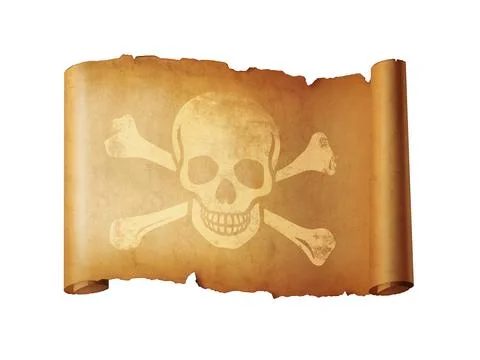 Old Pirate skull parchment scroll isolated on white Stock Photos