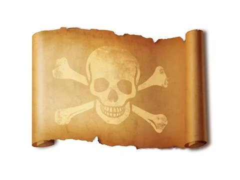 Old Pirate skull parchment scroll isolated on white Stock Photos