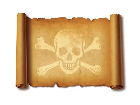 Old Pirate skull parchment scroll isolated on white Stock Photos