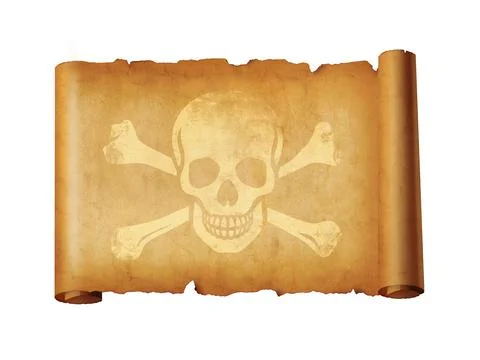 Old Pirate skull parchment scroll isolated on white Stock Photos