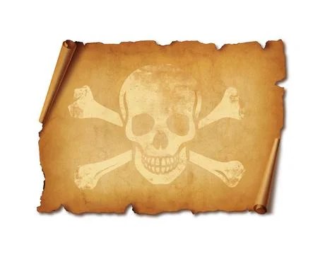 Old Pirate skull parchment scroll isolated on white Stock Photos
