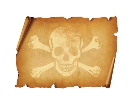 Old Pirate skull parchment scroll isolated on white Stock Photos