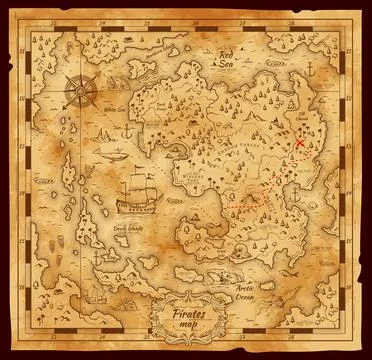 Old pirate treasure map, vector worn parchment Stock Illustration