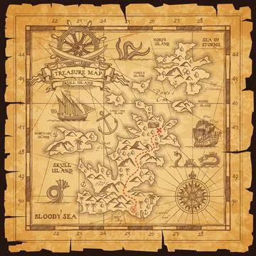 Old pirate vector map with treasure location. Stock Illustration