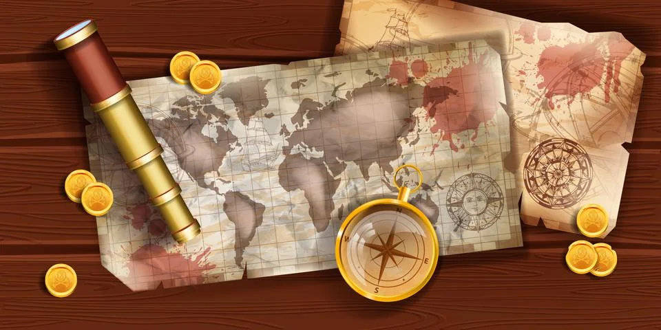 Old pirate world map vector background corsair antique parchment travel paper Stock Illustration