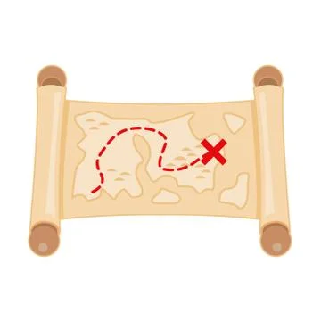 Old pirate's treasure map scroll leading to gold Stock Illustration