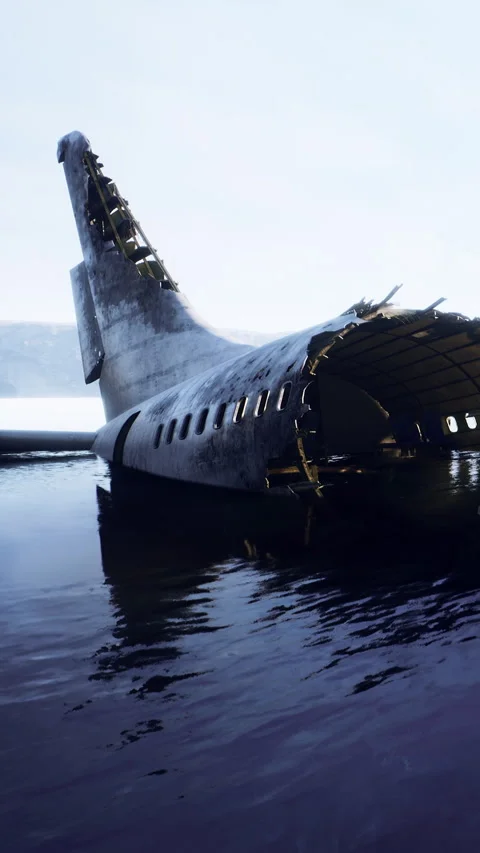 Old plane fuselage rests in water near shore under clear sky Stock Footage 337934514