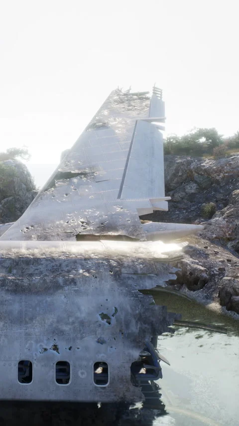 Old plane wreck rests on rocky shore with trees in background near water Stock Footage 338377218