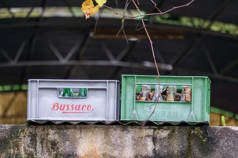 Old plastic crates with empty glass bottles Foto stock