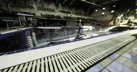 Old pool in abandoned facility with peeling tiles and reflections Illustrazione stock