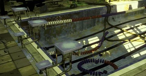 Old pool with abandoned starting blocks and tangled lane lines in sunlight Stock Illustration