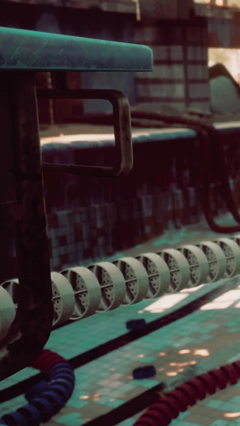 Old pool equipment near water in an abandoned building in the afternoon light Stock Footage 340282425
