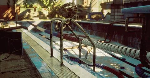 Old pool surrounded by overgrown vegetation and abandoned equipment Stock Illustration