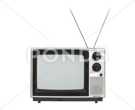 Old portable television with antennas isolated Stock Photos