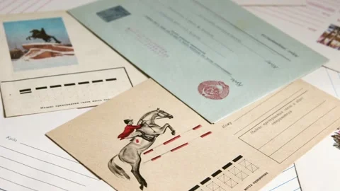 Old postal envelopes with picture Stock Footage 244983741