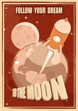 Old poster Rocket flying from planet earth into open space to the moon. Fligh Illustrazione stock