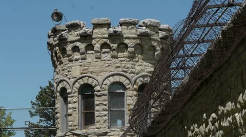 Old prison guard tower medium closeup Stock Footage 8686981