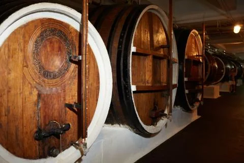 Old private wine cellar with many oak barrels, equipment for wine production Stock Photos